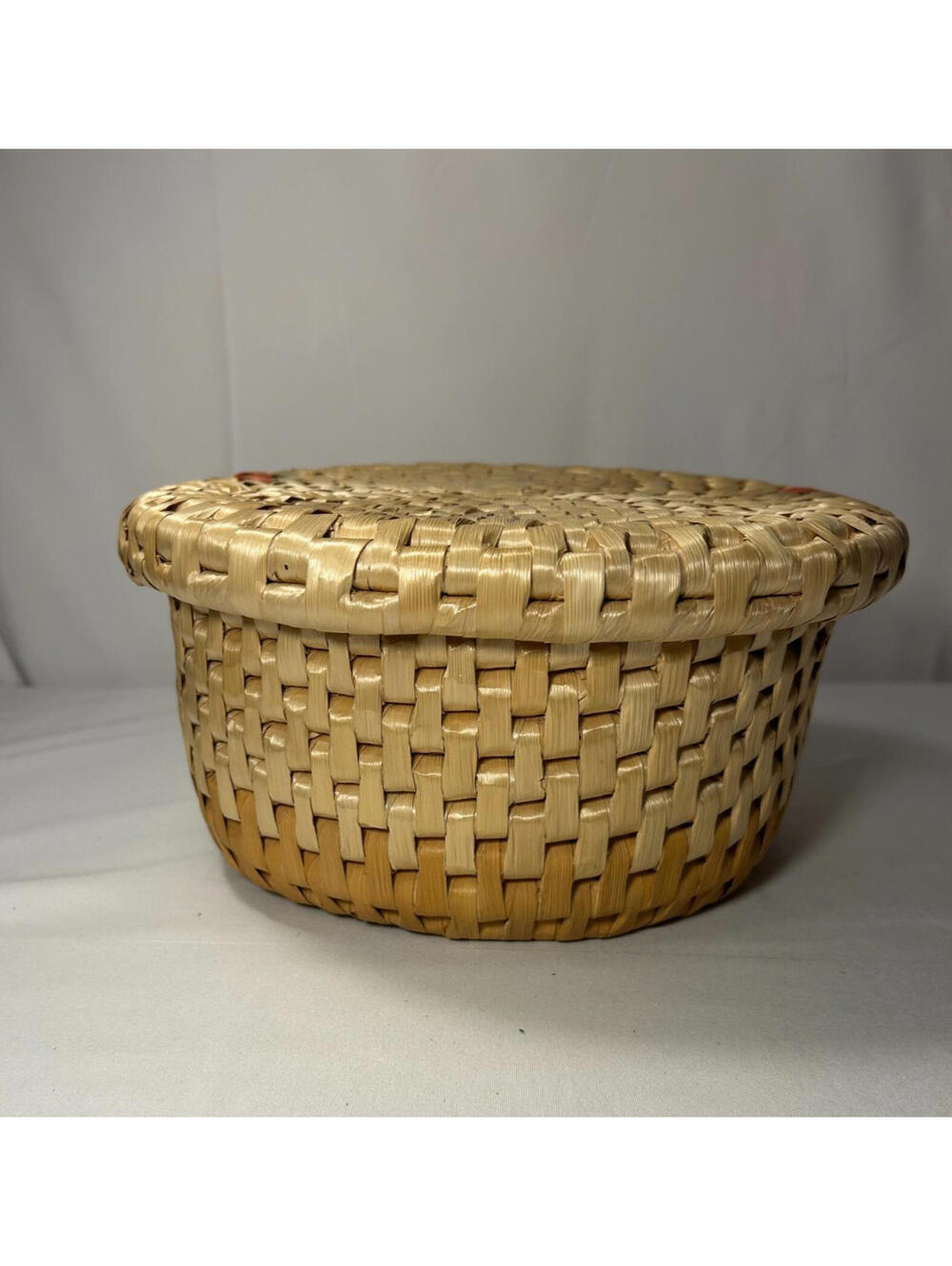 Vintage Handwoven Lidded Wicker Basket Round Rattan Tribal Folk Art